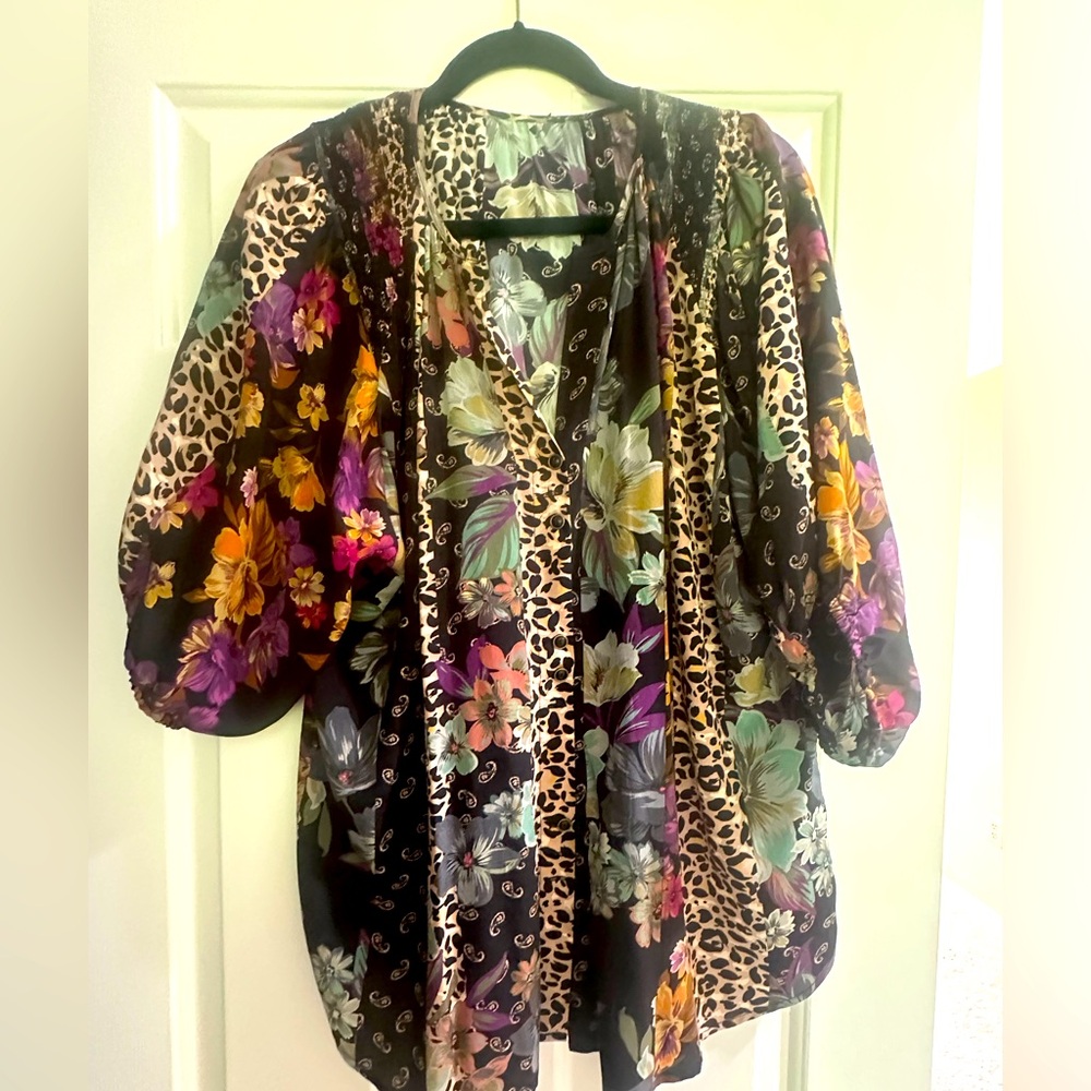 Johnny Was Multicolor Floral and Leopard Blouse